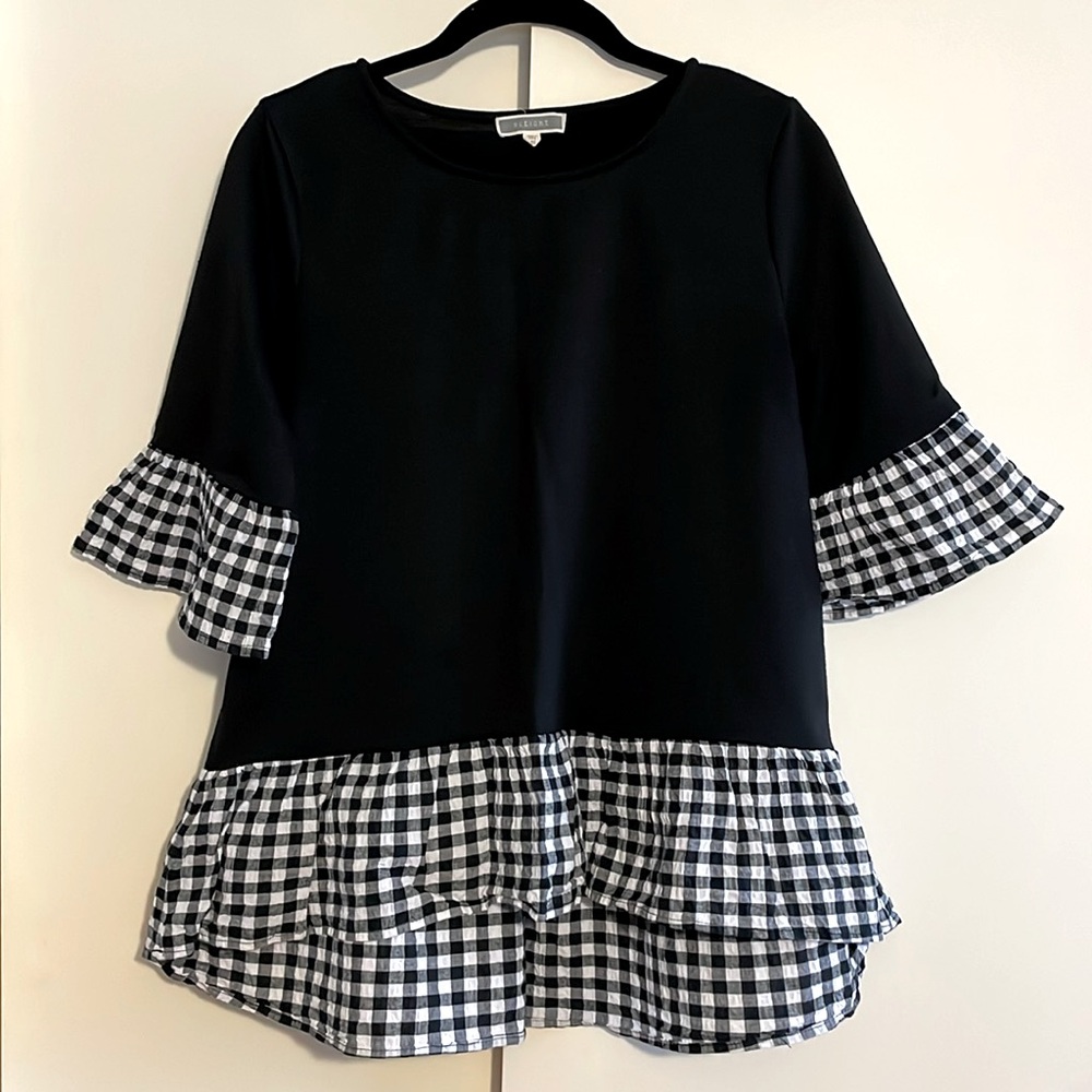 Pleione Black 3/4 Sleeve Top w/ Gingham Print ruffle on sleeves and bottom hem